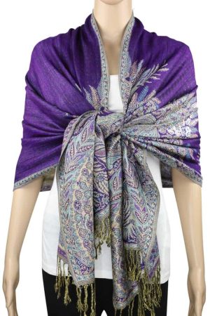 large purple big paisley pashmina shawl wrap scarf with fringes