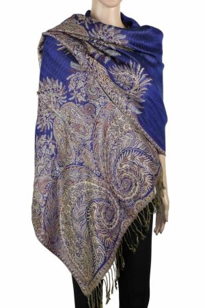 large royal blue big paisley pashmina shawl wrap scarf with fringes