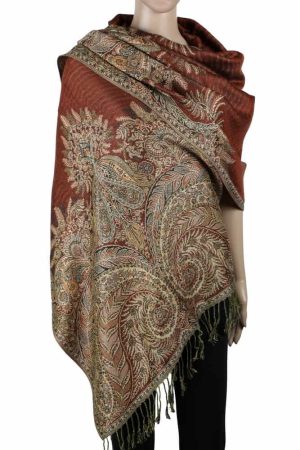 large saddle brown big paisley pashmina shawl wrap scarf with fringes