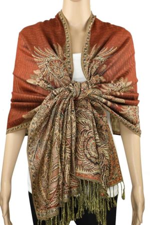 large saddle brown big paisley pashmina shawl wrap scarf with fringes