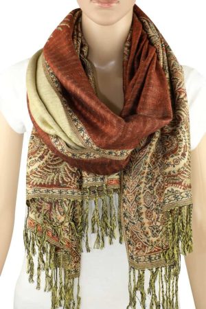 large saddle brown big paisley pashmina shawl wrap scarf with fringes