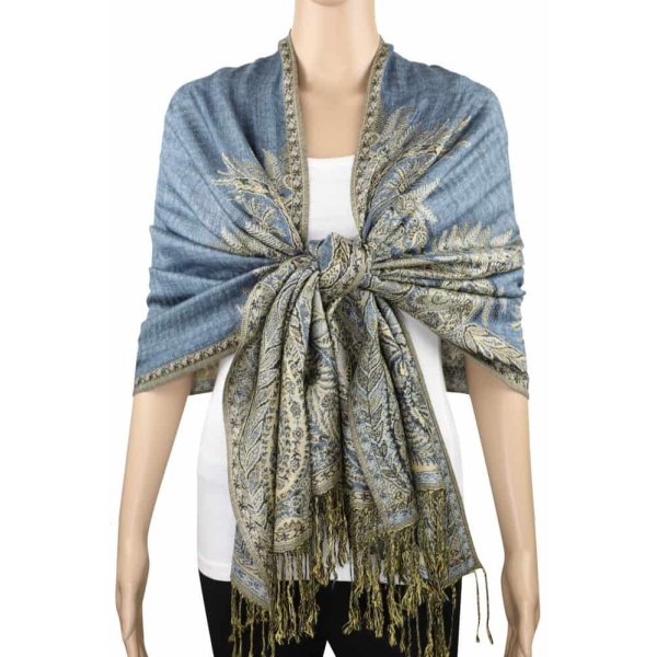 large steel blue big paisley pashmina shawl wrap scarf with fringes