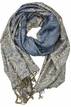 large steel blue big paisley pashmina shawl wrap scarf with fringes