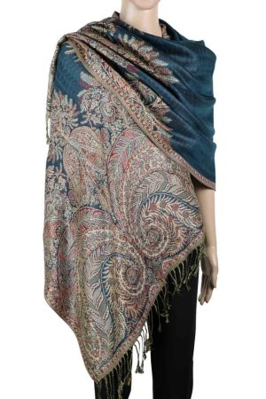 large teal big paisley pashmina shawl wrap scarf with fringes