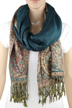 large teal big paisley pashmina shawl wrap scarf with fringes