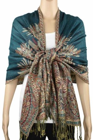 large teal big paisley pashmina shawl wrap scarf with fringes
