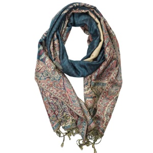 large teal big paisley pashmina shawl wrap scarf with fringes