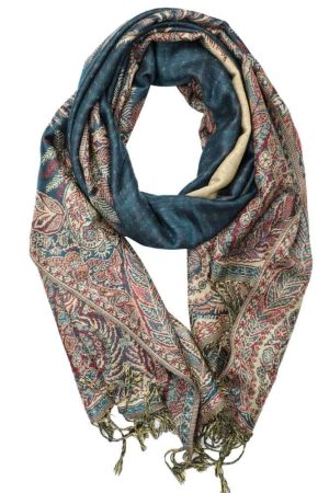large teal big paisley pashmina shawl wrap scarf with fringes