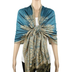 large turquoise big paisley pashmina shawl wrap scarf with fringes