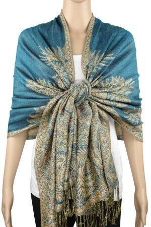 large turquoise big paisley pashmina shawl wrap scarf with fringes