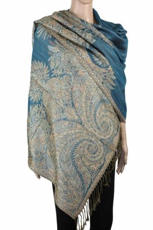 large turquoise big paisley pashmina shawl wrap scarf with fringes