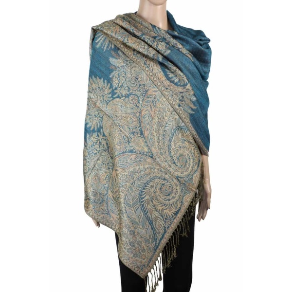 large turquoise big paisley pashmina shawl wrap scarf with fringes