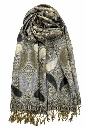 black metallic pashmina shawl wrap scarf with fringes