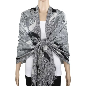 black white multi color paisley pashmina scarf on mannequin