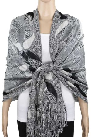 black white multi color paisley pashmina scarf on mannequin