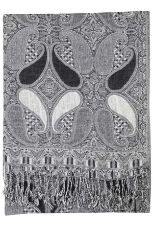 black white multi color paisley pashmina with fringes