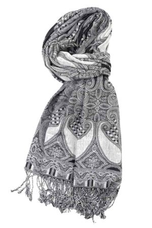 black white multi color paisley pashmina with fringes