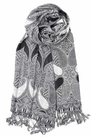 black white multi color paisley pashmina with fringes