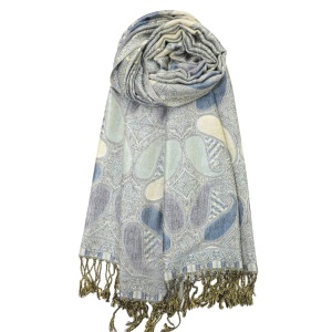 Blue gold multi color paisley pashmina with fringes