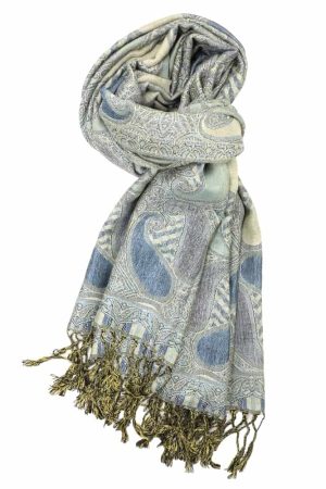 Blue gold multi color paisley pashmina with fringes