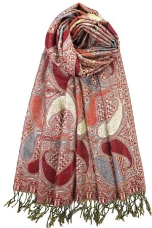 burgundy metallic pashmina shawl wrap scarf with fringes