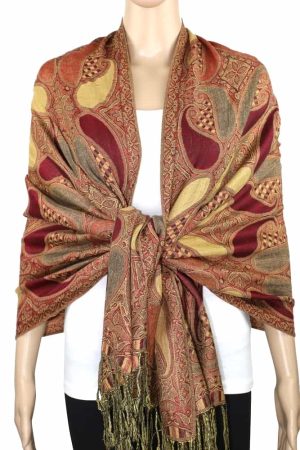 Burgundy multi color pashmina shawl on mannequin