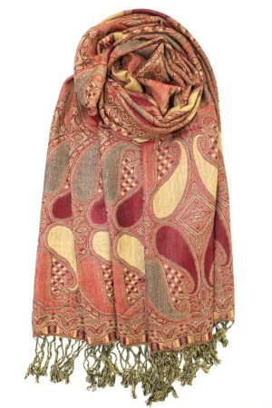 Burgundy multi color paisley pashmina with fringes