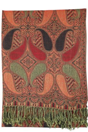Burgundy orange multi color paisley pashmina with fringes