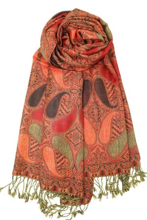 Burgundy orange multi color paisley pashmina with fringes