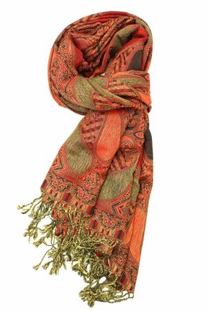 Burgundy orange multi color paisley pashmina with fringes