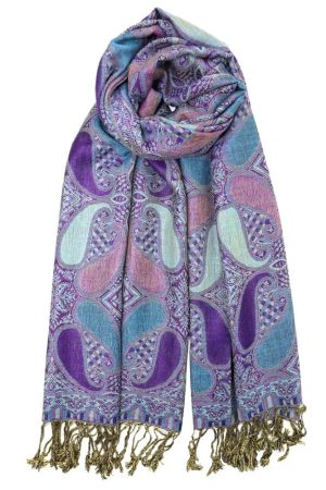 Deep purple multi color paisley pashmina with fringes