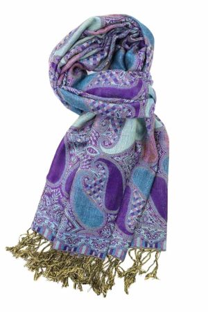 Deep purple multi color paisley pashmina with fringes