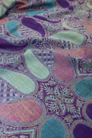 fabric detail of deep purple multi color paisley pashmina