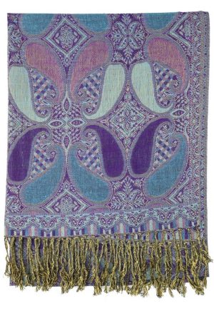 Deep purple multi color paisley pashmina with fringes