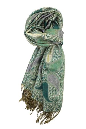 emerald green metallic pashmina shawl wrap scarf with fringes