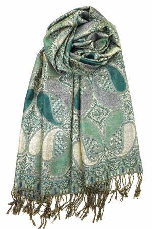 emerald green metallic pashmina shawl wrap scarf with fringes