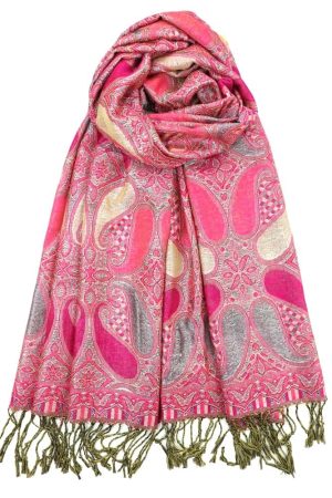 fuchsia pink metallic pashmina shawl wrap scarf with fringes