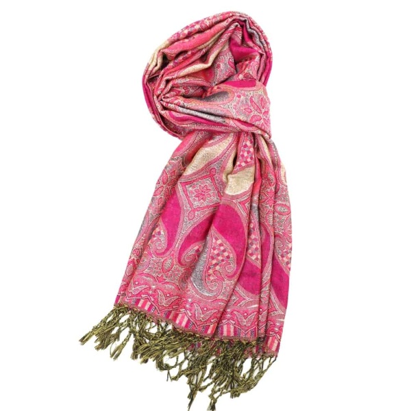 fuchsia pink metallic pashmina shawl wrap scarf with fringes