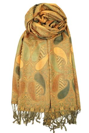 gold green multi color paisley pashmina with fringes