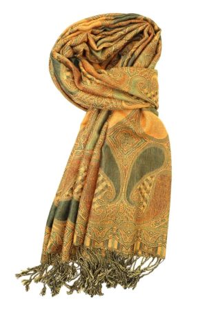 gold green multi color paisley pashmina with fringes