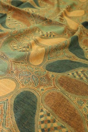 fabric detail of gold green multi color paisley pashmina
