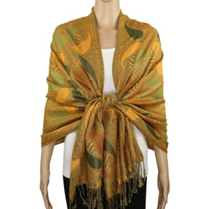 gold green multi color pashmina shawl on mannequin