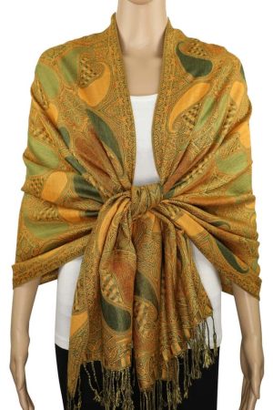 gold green multi color pashmina shawl on mannequin