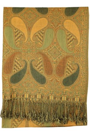 gold green multi color paisley pashmina with fringes