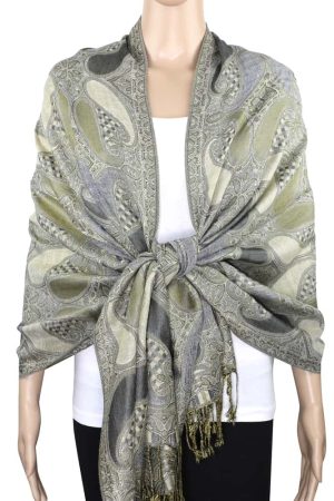 grey gold multi color pashmina shawl on mannequin