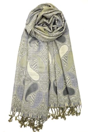 grey gold multi color paisley pashmina with fringes