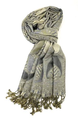 grey gold multi color paisley pashmina with fringes