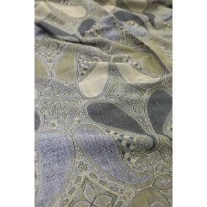 fabric detail of grey gold multi color paisley pashmina