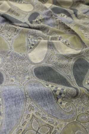 fabric detail of grey gold multi color paisley pashmina
