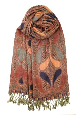 navy orange multi color paisley pashmina with fringes